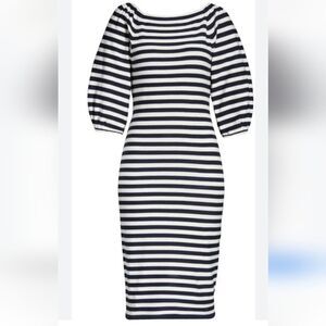 Eliza J Stripe Balloon Sleeve Knit Stretch Dress Navy Off White Stripe Size XS